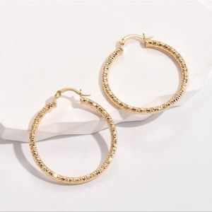 18K Yellow Gold Medium Diamond Cut Textured Hoop Earrings, 35mm